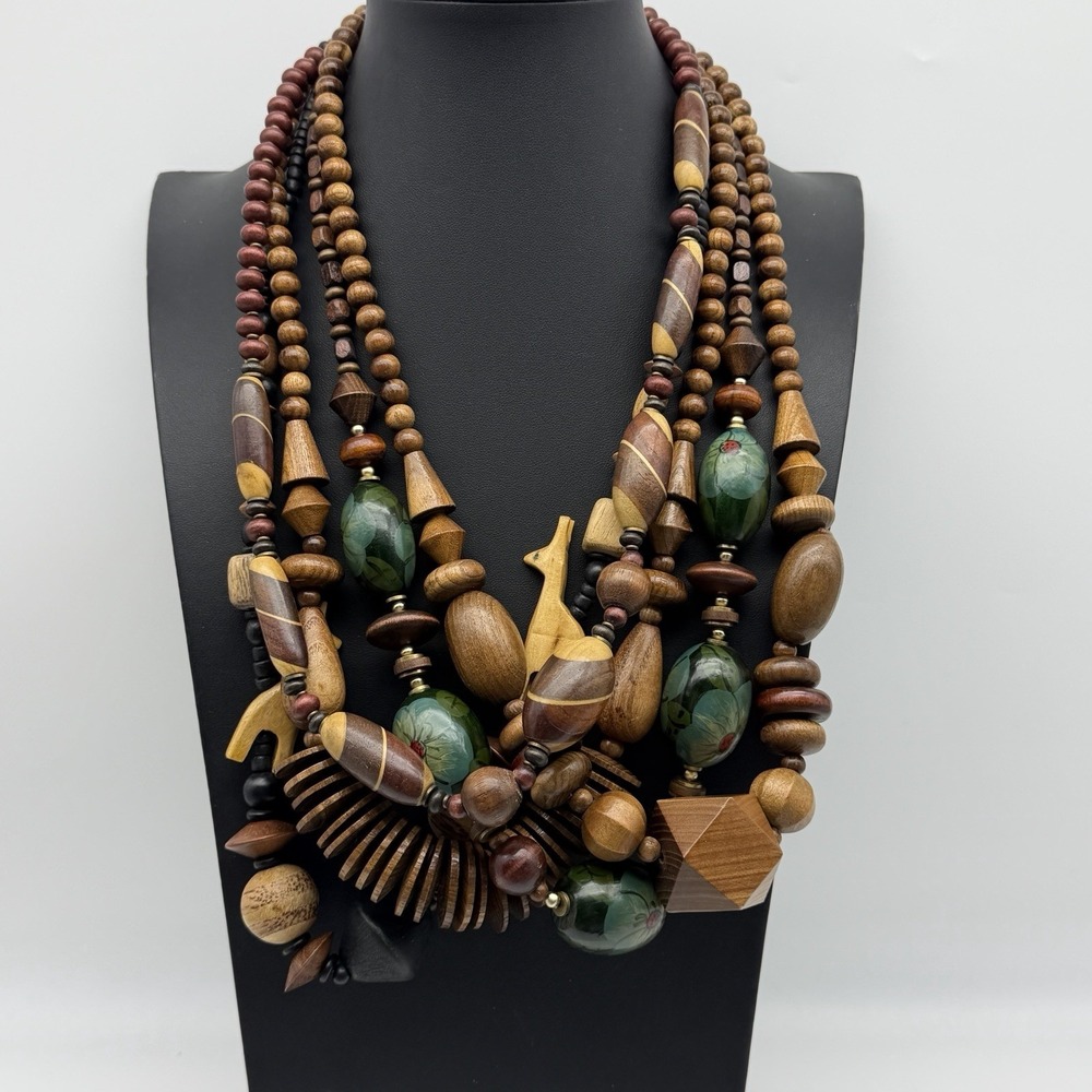 Wood Bead Necklaces Boho Chunky Statement Natural Jewelry Brown Neutral Lot Of 5